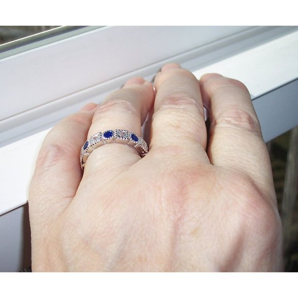 925 STERLING SILVER Blue Spinel & Clear CZ Bezel Set Eternity Band Ring - Picture 4 of 14